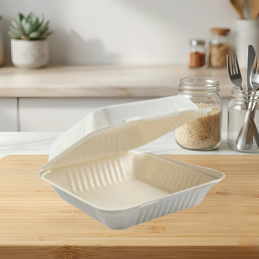 8″x8″x3″ ECO BIODEGRADABLE COMPOSTABLE BAGASSE 1 COMPARTMENT HINGED CONTAINERS