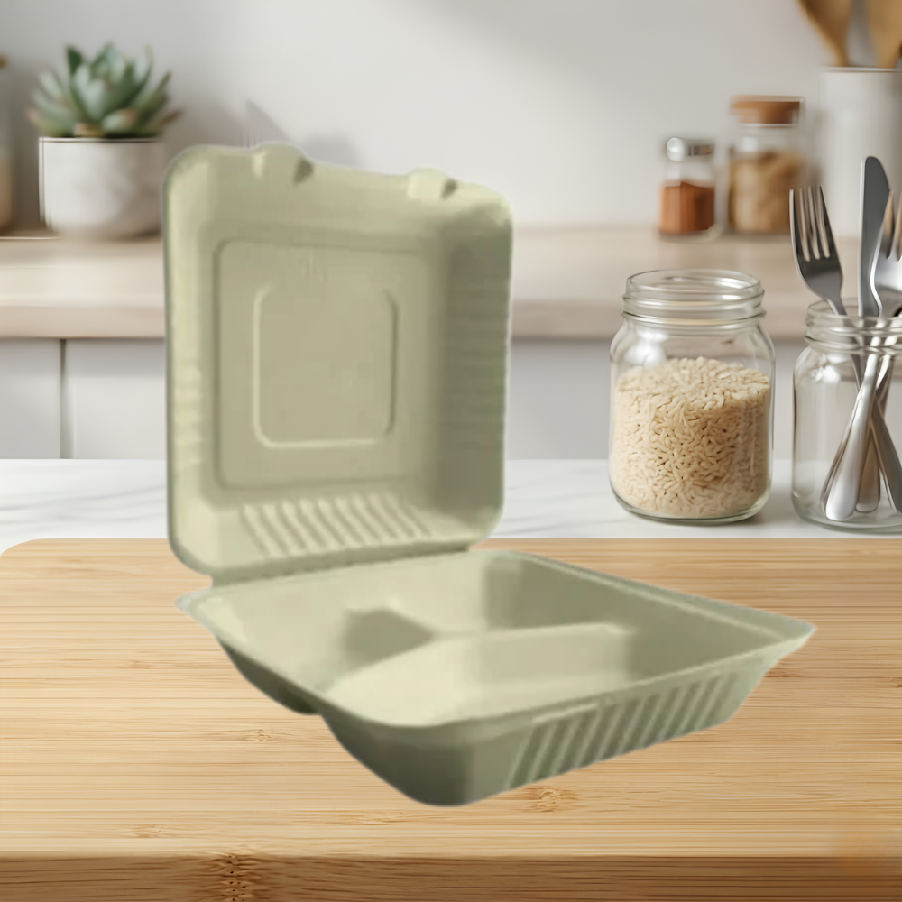 8″x8″x3″ ECO BIODEGRADABLE COMPOSTABLE BAGASSE 3 COMPARTMENT HINGED CONTAINERS