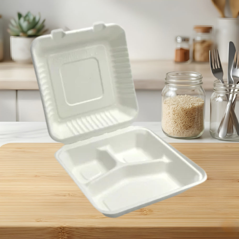 9x9x3 ECO BIODEGRADABLE COMPOSTABLE BAGASSE THREE COMPARTMENT HINGED CONTAINERS (2)