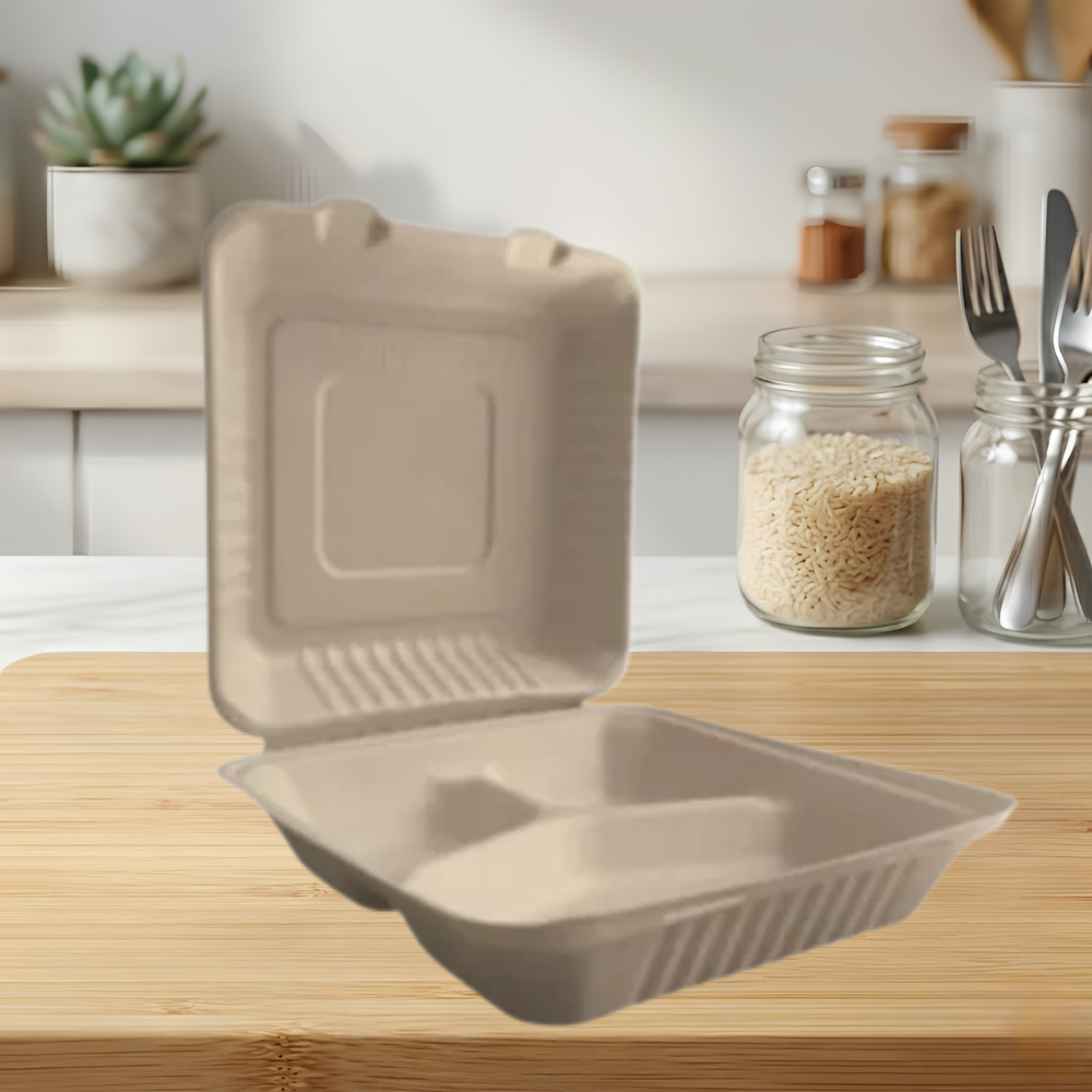 9″x9″x3″ (PFAS FREE) ECO BIODEGRADABLE COMPOSTABLE 3 COMP HINGED CONTAINERS