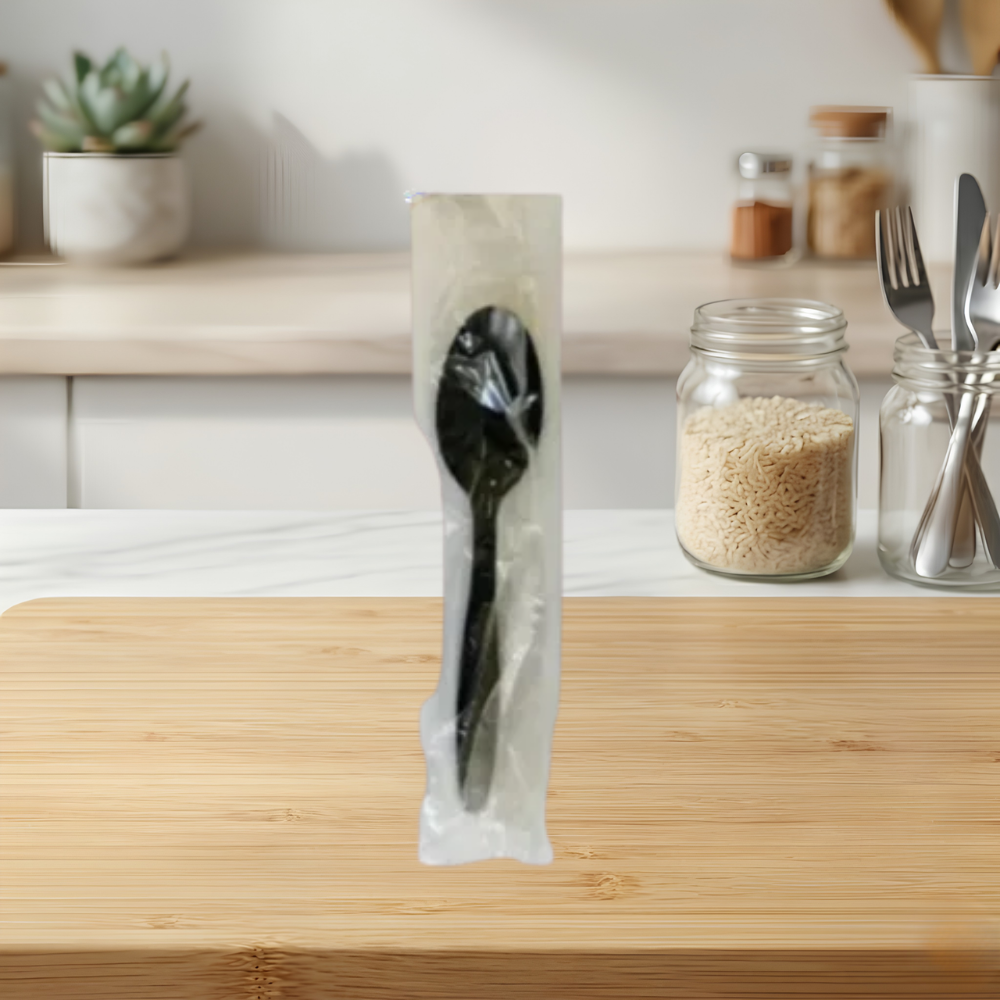 BLACK HEAVY PLASTIC SPOONS INDIVIDUALLY WRAPPED