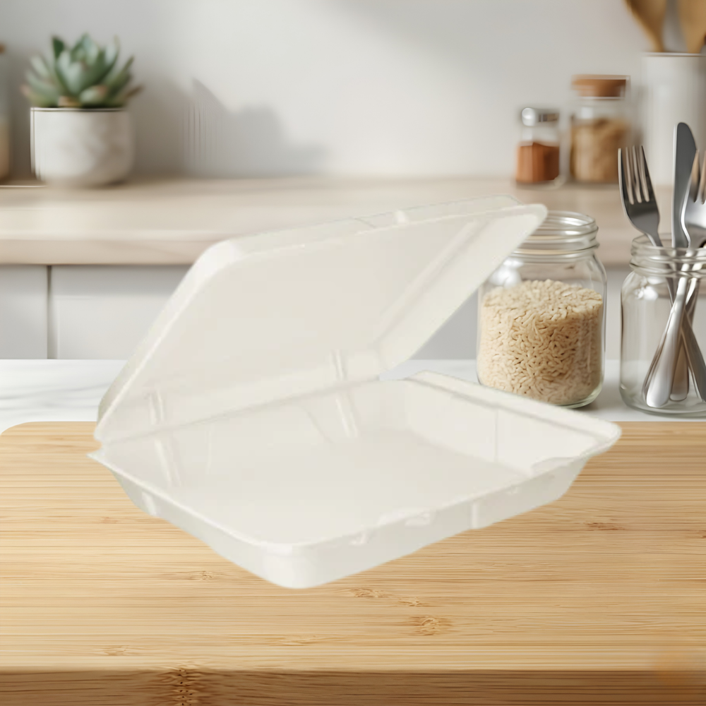 LARGE 1 COMP FOAM HINGED LID ECOPAX 9-3_16″ X 6-1_2″ X 2-3_4″ WHITE
