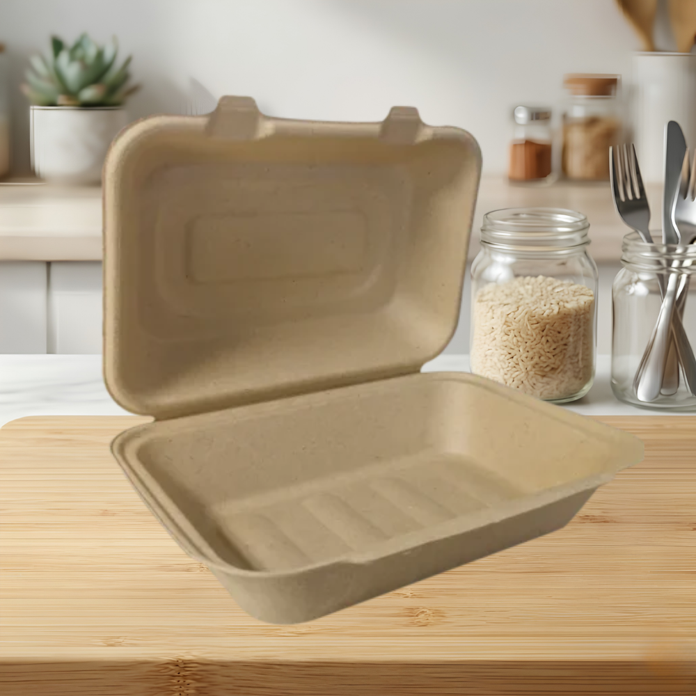 (PFAS FREE) 9x6x3 ECO BIODEGRADABLE COMPOSTABLE ONE COMPARTMENT BAGASSE HINGED CONTAINERS
